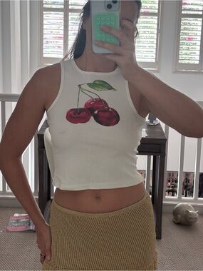 Fashion Nova White Cherry Graphic Crop Tank